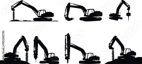 Black silhouettes of excavators and drilling machines on a white background digger construction