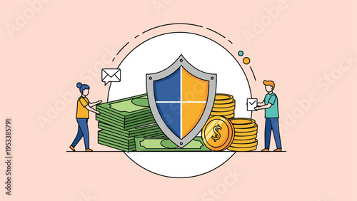 Financial protection and insurance concept with people holding piles of cash and gold coins around large security shield.
