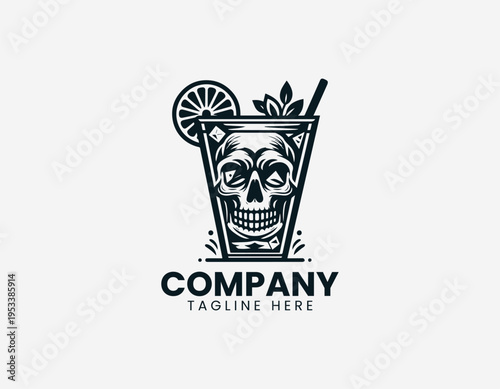 Skull cocktail drink with citrus garnish in clean modern edgy bar vector illustration style