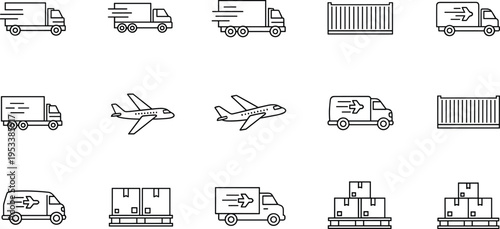 Logistics and Delivery Icon Set with Trucks Cargo Containers Airplane Shipping Boxes and Courier Vans Line Art Collection for Transport and Supply Chain Design