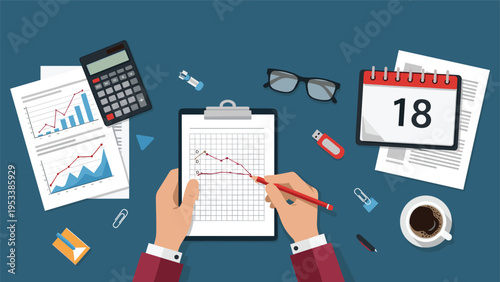 Top view of professional workplace with hands drawing financial data chart on clipboard next to calculator and coffee.