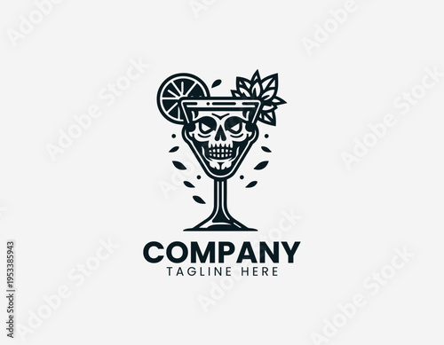 Skull cocktail drink with citrus garnish in clean modern edgy bar vector illustration style