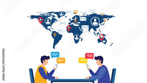 Global communication and social networking concept with two people using smartphones under world map with connecting icons.