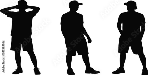 Black silhouettes of young men in casual poses on a white background male person