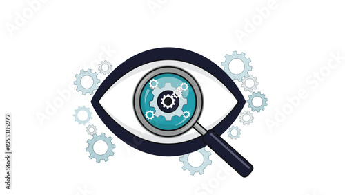 Business vision and strategic analysis concept featuring magnifying glass inspecting mechanical gears inside human eye.