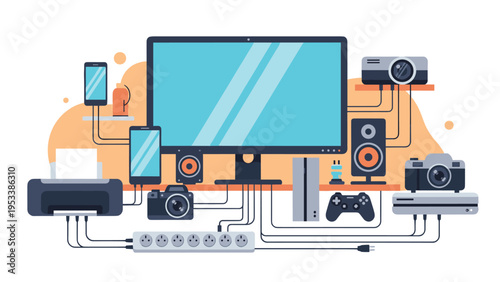 Modern home office technology setup with monitor, speakers, laptop, camera, and multiple devices connected to power strip.
