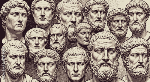 Collection of ancient male busts sculptures.