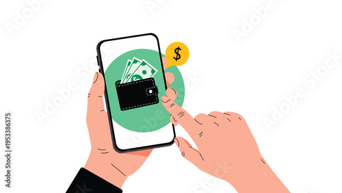 Mobile banking and digital wallet concept with hand using smartphone app for online payments and money management.