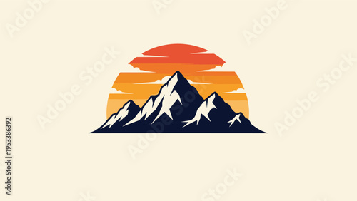 Minimalist mountain range landscape illustration with peaks and ridges in front of large orange glowing setting sun.
