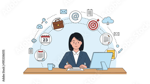 Overwhelmed businesswoman sitting at office desk and working on laptop while feeling stressed with many business tasks.