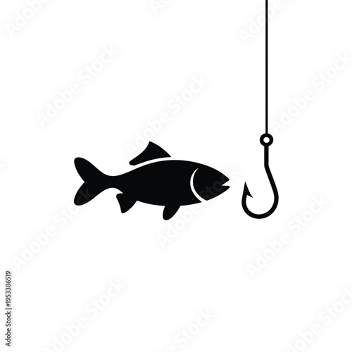 A simple black silhouette of a fish caught on a fishing hook
