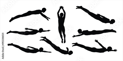 Collection of black silhouettes of swimmers in various dynamic poses on white background swimming