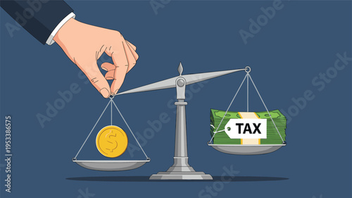 Businessman hand balancing single gold coin against large stack of dollar bills with tax label on a vintage weight scale.