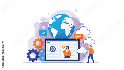 Modern workspace illustration with laptop globe gears and people representing global business networking and cloud computing technology.
