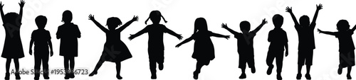 children, silhouettes, jumping, playing, happy, kids, group, isolated, white background, childhood, fun, joy, activity, playful, freedom, motion, friends, energy, outdoor, celebration