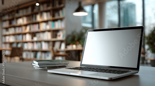 Laptop with blank screen on table in Modern library or bookstore interior with Learning and coworking space,relax zone,Library with rows of bookshelves,school or university,education concept.