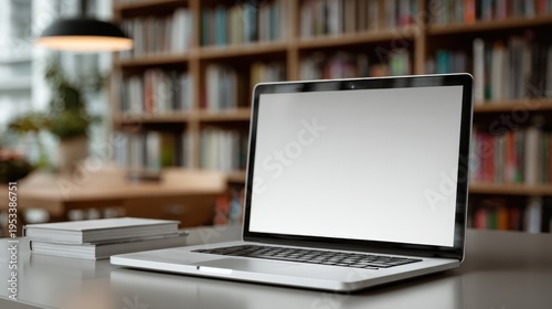 Laptop with blank screen on table in Modern library or bookstore interior with Learning and coworking space,relax zone,Library with rows of bookshelves,school or university,education concept.