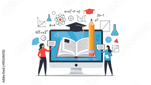 Online education concept featuring computer screen with large book graduation cap and students representing digital learning and knowledge.