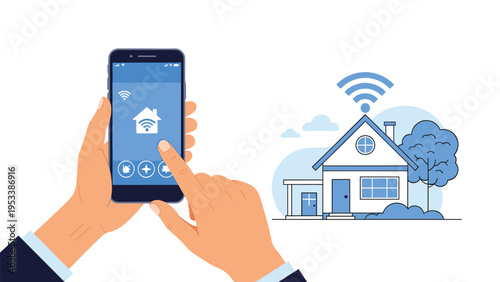 Smart home automation concept showing hand using mobile app to control house features via wireless wifi connection at home space.