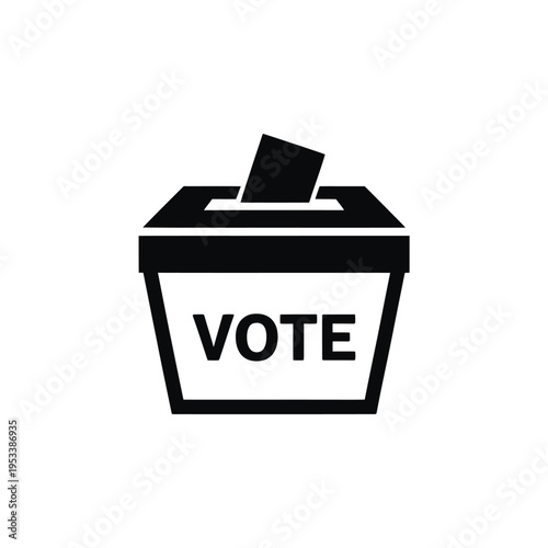 A simple black and white illustration of a ballot box with the word vote