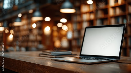 Laptop with blank screen on table in Modern library or bookstore interior with Learning and coworking space,relax zone,Library with rows of bookshelves,school or university,education concept.
