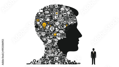 Conceptual human head profile formed by large collection of small technology media and business icons representing human thoughts.