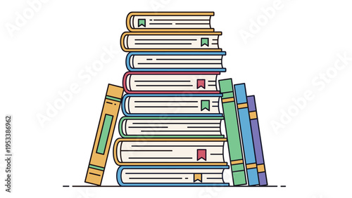 High stack of colorful hardcover books with bookmarks arranged in neat vertical pile on white background for education themes.