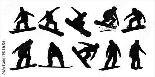 Collection of Snowboarder Silhouettes Performing Various Tricks on White Background Keywords: snowboarder, silhouette