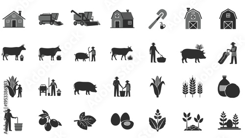 Agriculture and farming icon set featuring barn animals crops machinery and professional farm workers in simple silhouette style.