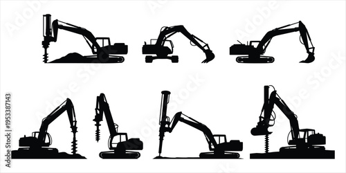 Construction Excavator Silhouettes With Augers And Buckets White Background heavy machinery equipment