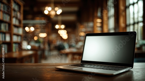 Laptop with blank screen on table in Modern library or bookstore interior with Learning and coworking space,relax zone,Library with rows of bookshelves,school or university,education concept.
