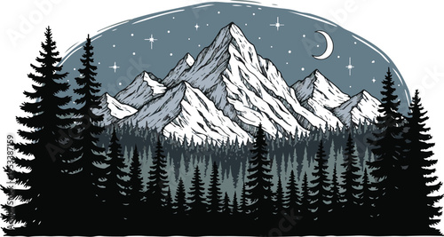 A stunning mountain range framed by pine forests under a moonlit sky, rendered in a stylized hand-drawn aesthetic.