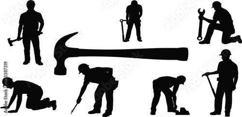 Construction Workers and Tools Silhouettes on White Background vector illustration
