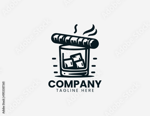 Cigar resting on whiskey glass with ice in classic luxury bar black vector illustration style