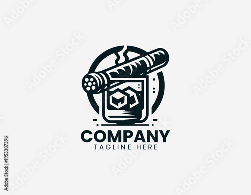 Cigar resting on whiskey glass with ice in classic luxury bar black vector illustration style