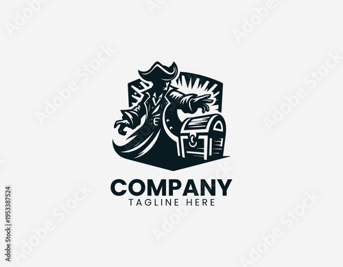 Classic pirate with treasure chest in bold adventure themed black vector logo illustration style
