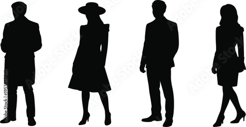 Four Silhouette Figures of Men and Women in Fashionable Attire on White Background people woman