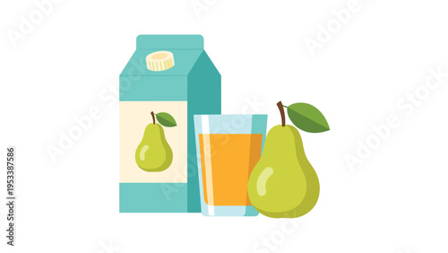 Fresh pear juice product illustration featuring a blue and white carton, a filled glass, and a whole green pear with a leaf on a white base.