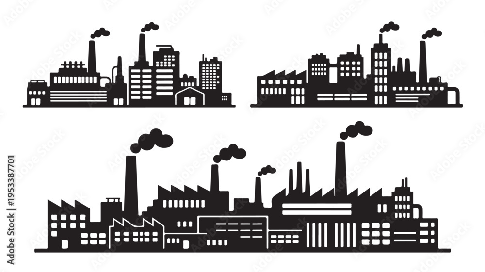 Fototapeta premium Set of 3 industrial cityscape silhouettes vector
