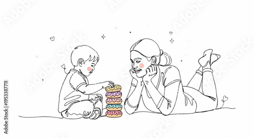 Mother and child building tower blocks together on floor lying down