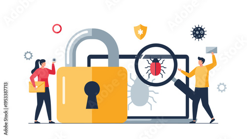 Cyber security experts inspecting a laptop for software bugs near a giant padlock illustrate data protection efforts.