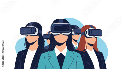 Group of business people wearing virtual reality headsets explore the digital metaverse and immersive technology.