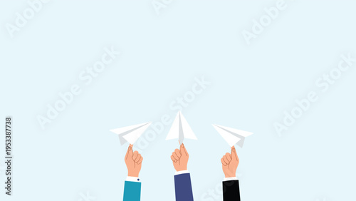 Multiple hands reaching up and holding white paper airplanes against a blue background symbolize a business launch.