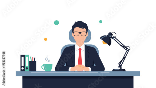 Professional man sitting at his office desk with a laptop, coffee, and binders represents a focused work environment.