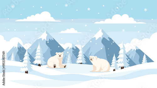 Polar bears sitting on a snowy landscape in front of beautiful frozen mountains and evergreen trees during winter.