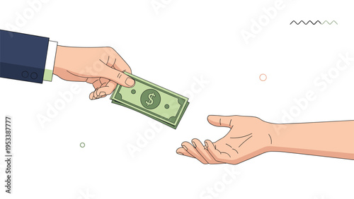 Close-up of a hand giving a dollar bill to another person illustrates a simple financial transaction or payment.