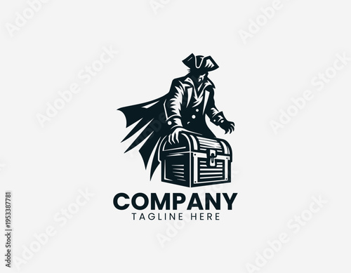 Classic pirate with treasure chest in bold adventure themed black vector logo illustration style