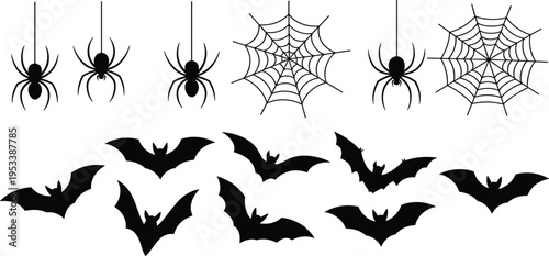Halloween Spiders and Bats Silhouettes on White Background webs