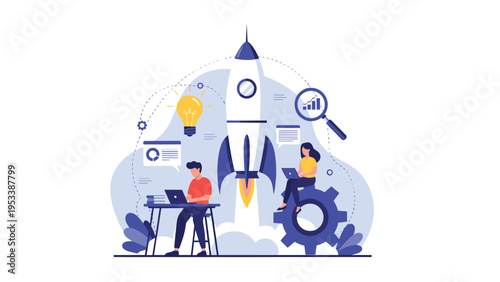 Business startup concept features a team working on laptops as a rocket launches in the background symbolizing growth.