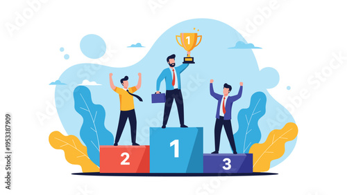 Three business people standing on a podium with a winner holding a trophy celebrate professional success and goals.